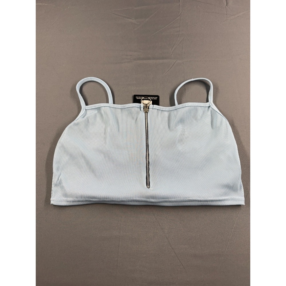 Fashion Nova Womens s14 Ribbed Zip Front Crop Top Light Blue Spaghetti Strap NWT